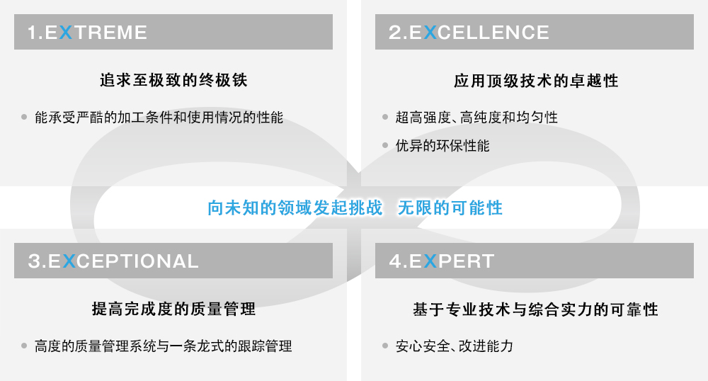 向未知的领域发起挑战   无限的可能性 1.EXTREME 追求至极致的终极铁 / 能承受严酷的加工条件和使用情况的性能 2.EXCELLENCE 应用顶级技术的卓越性 /	超高强度、高纯度和均匀性 / 优异的环保性能 3.EXCEPTIONAL 提高完成度的质量管理 /高度的质量管理系统与一条龙式的跟踪管理 4.EXPERT 基于专业技术与综合实力的可靠性 / 安心安全、改进能力