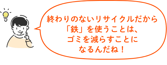 終わりのないリサイクルだから「鉄」を使うことは、ゴミを減らすことになるんだね！