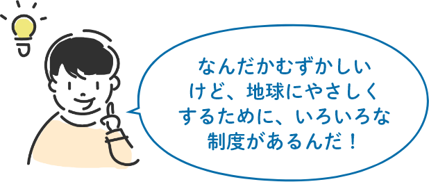 なんだかむずかしいけど、地球にやさしくするために、いろいろな制度があるんだ！