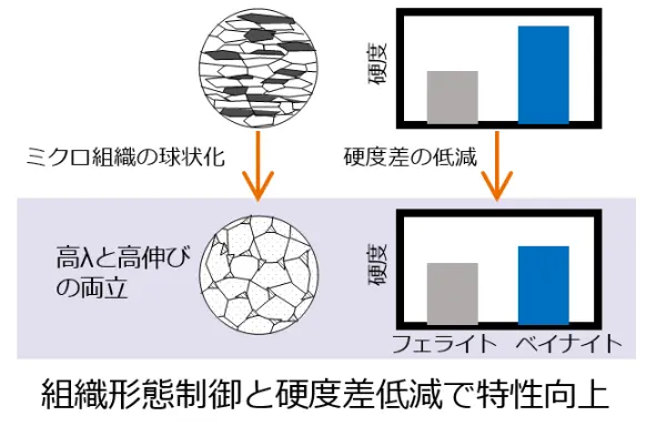 組織形態制御と硬度差低減で特性向上